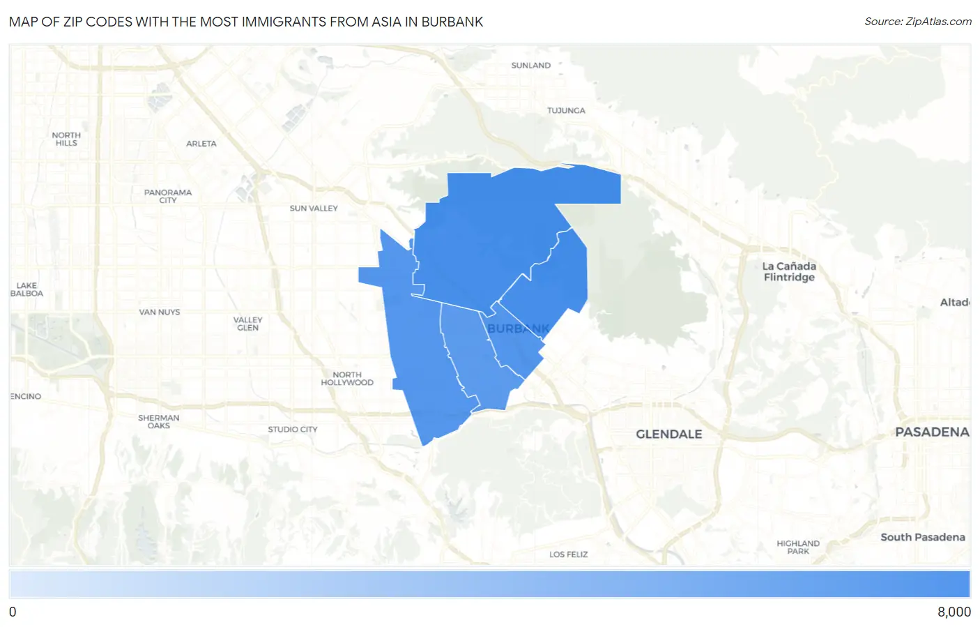 Zip Codes with the Most Immigrants from Asia in Burbank Map