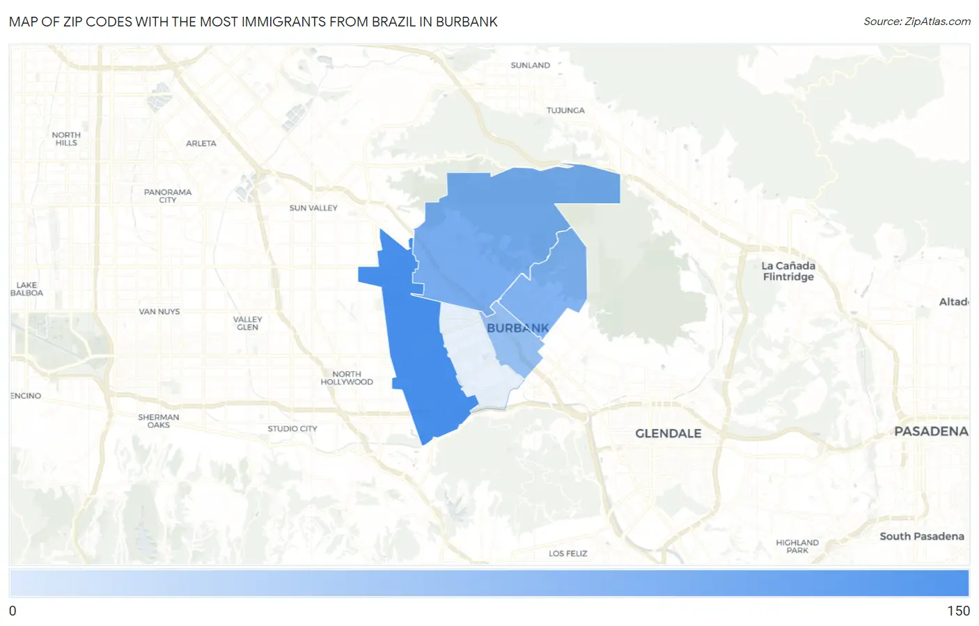 Zip Codes with the Most Immigrants from Brazil in Burbank Map