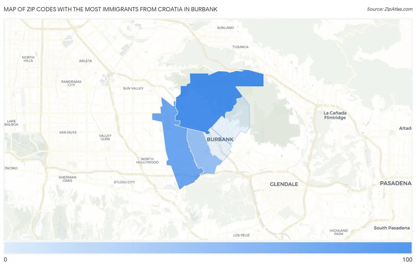 Zip Codes with the Most Immigrants from Croatia in Burbank Map