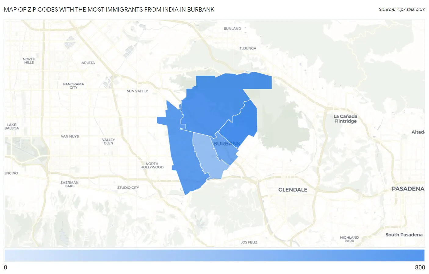 Zip Codes with the Most Immigrants from India in Burbank Map