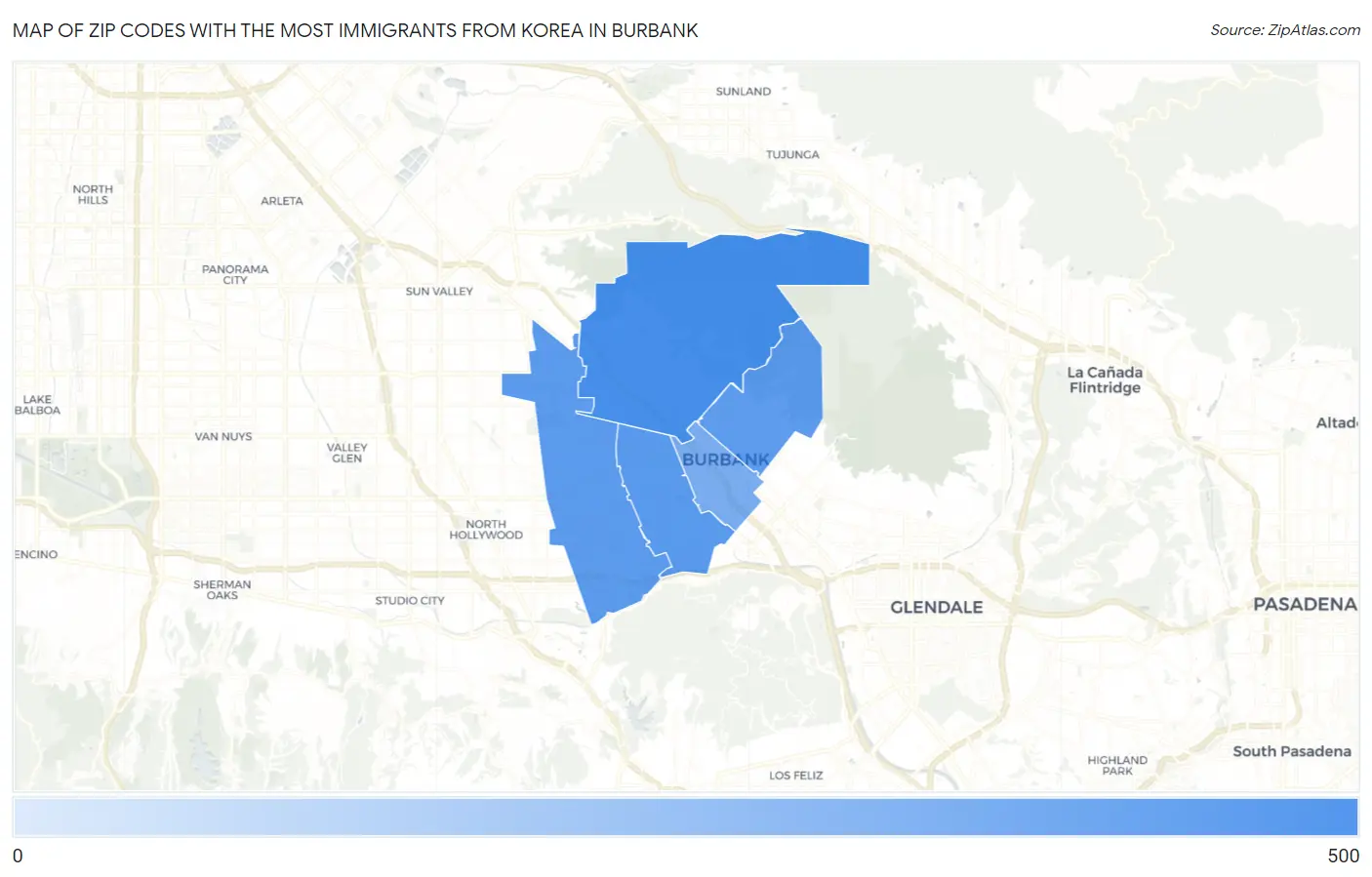 Zip Codes with the Most Immigrants from Korea in Burbank Map