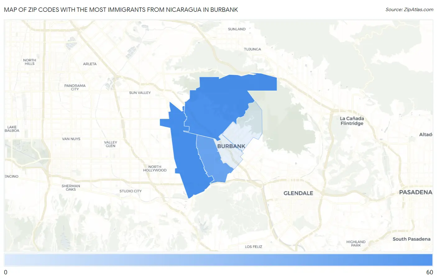 Zip Codes with the Most Immigrants from Nicaragua in Burbank Map