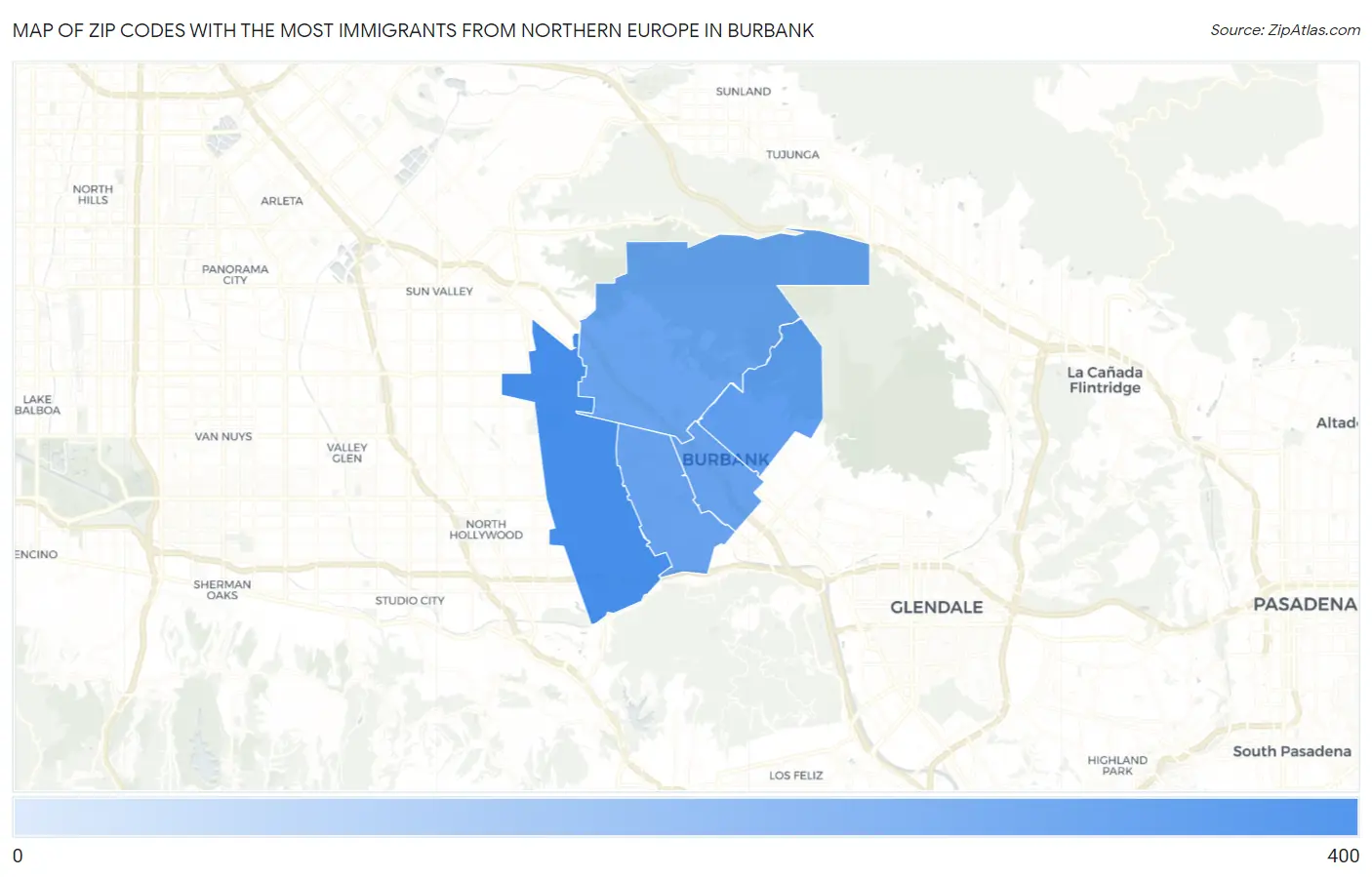 Zip Codes with the Most Immigrants from Northern Europe in Burbank Map