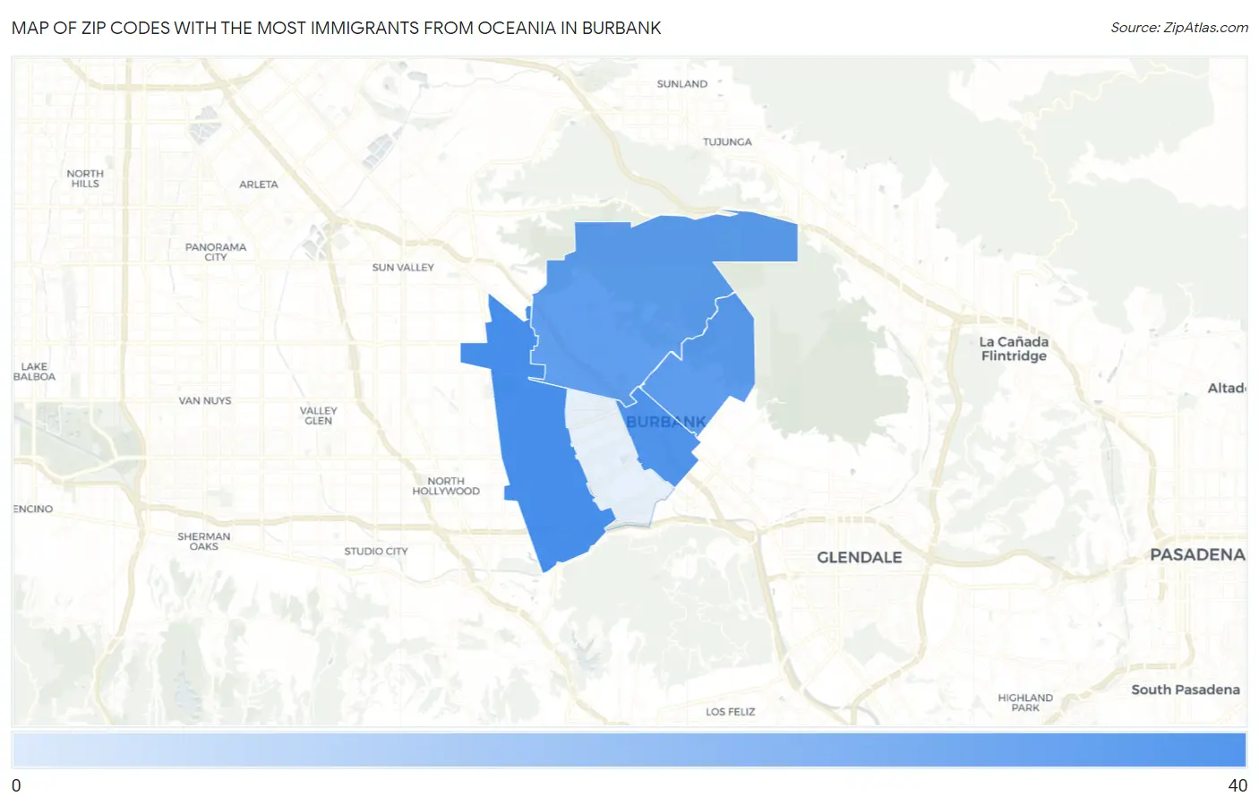 Zip Codes with the Most Immigrants from Oceania in Burbank Map