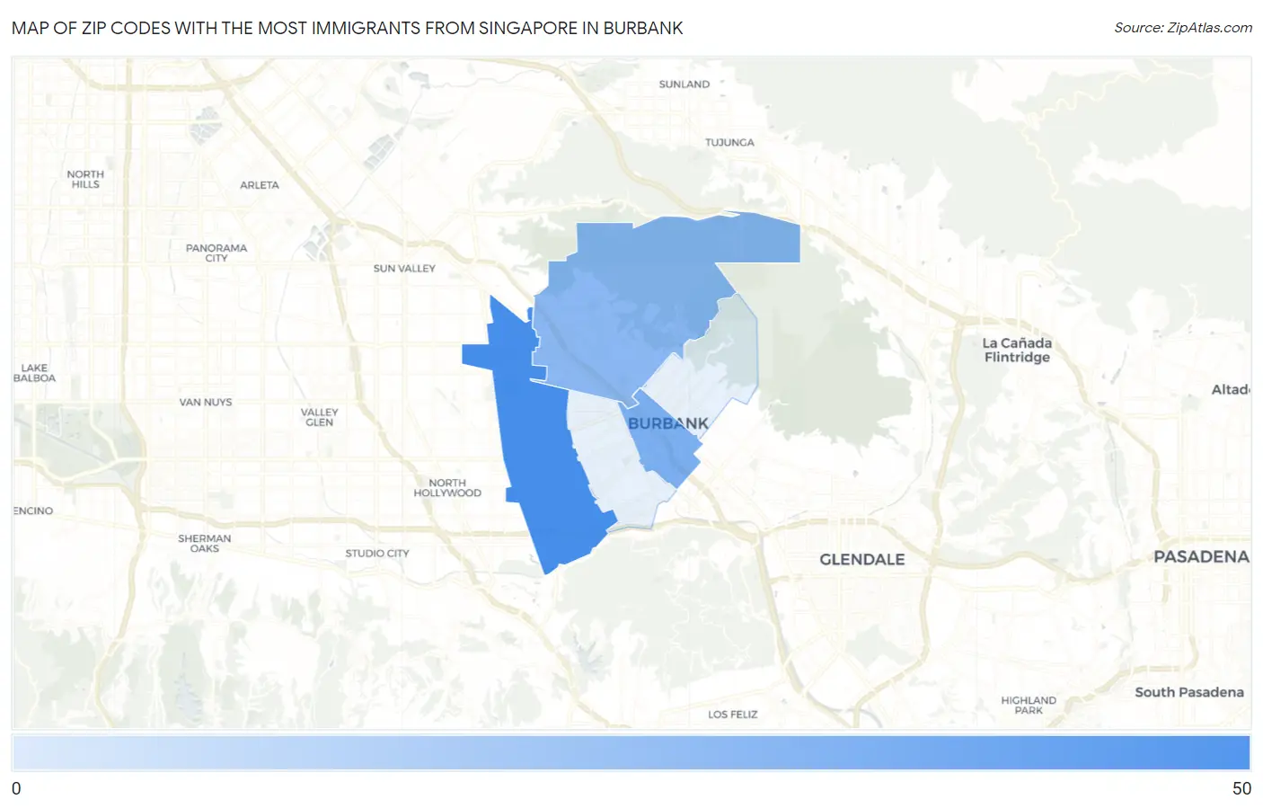 Zip Codes with the Most Immigrants from Singapore in Burbank Map