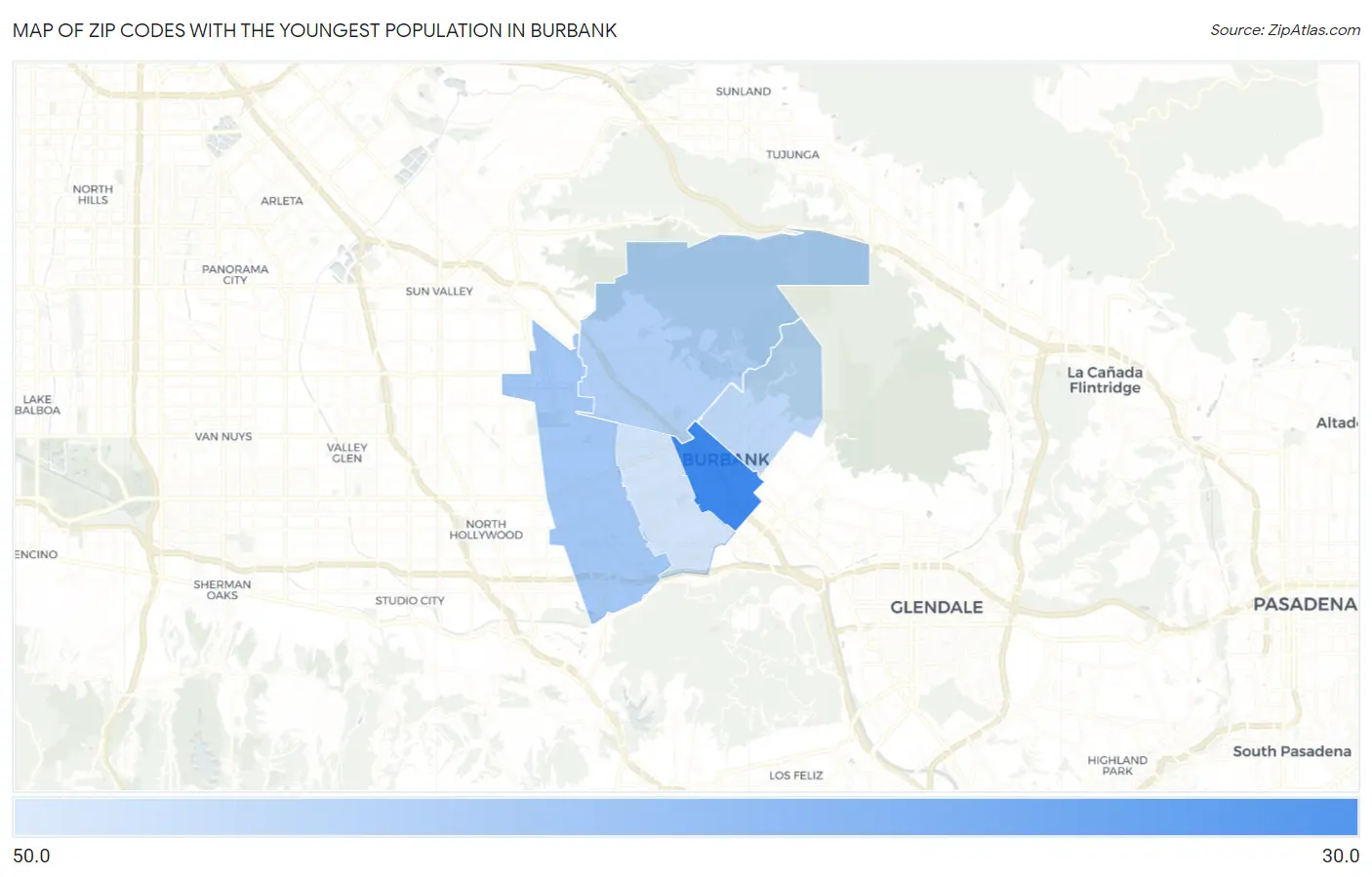 Zip Codes with the Youngest Population in Burbank Map