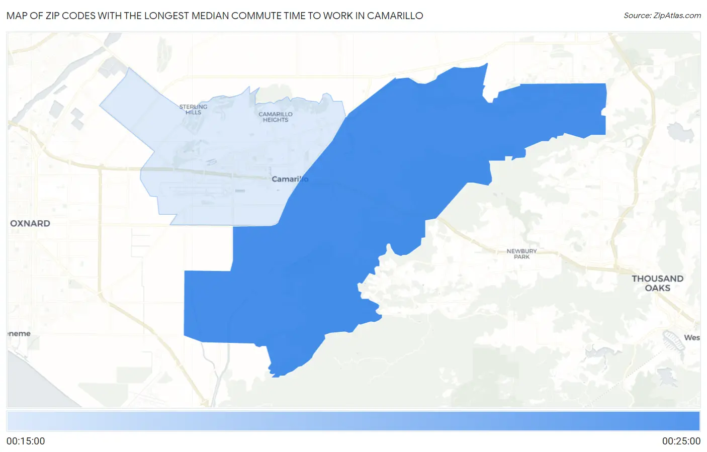 Zip Codes with the Longest Median Commute Time to Work in Camarillo Map