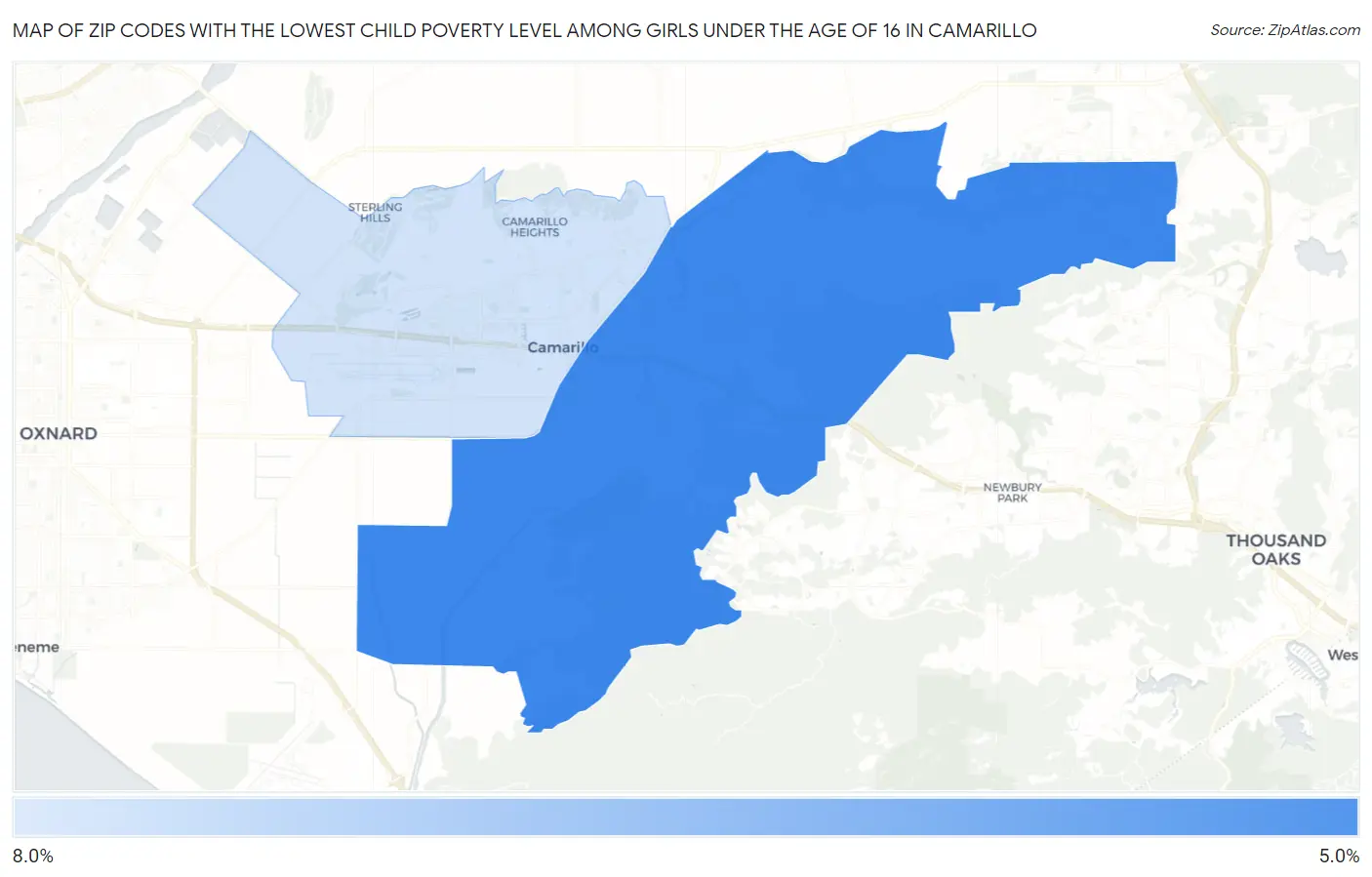 Zip Codes with the Lowest Child Poverty Level Among Girls Under the Age of 16 in Camarillo Map
