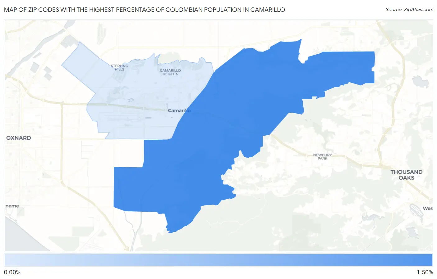 Zip Codes with the Highest Percentage of Colombian Population in Camarillo Map