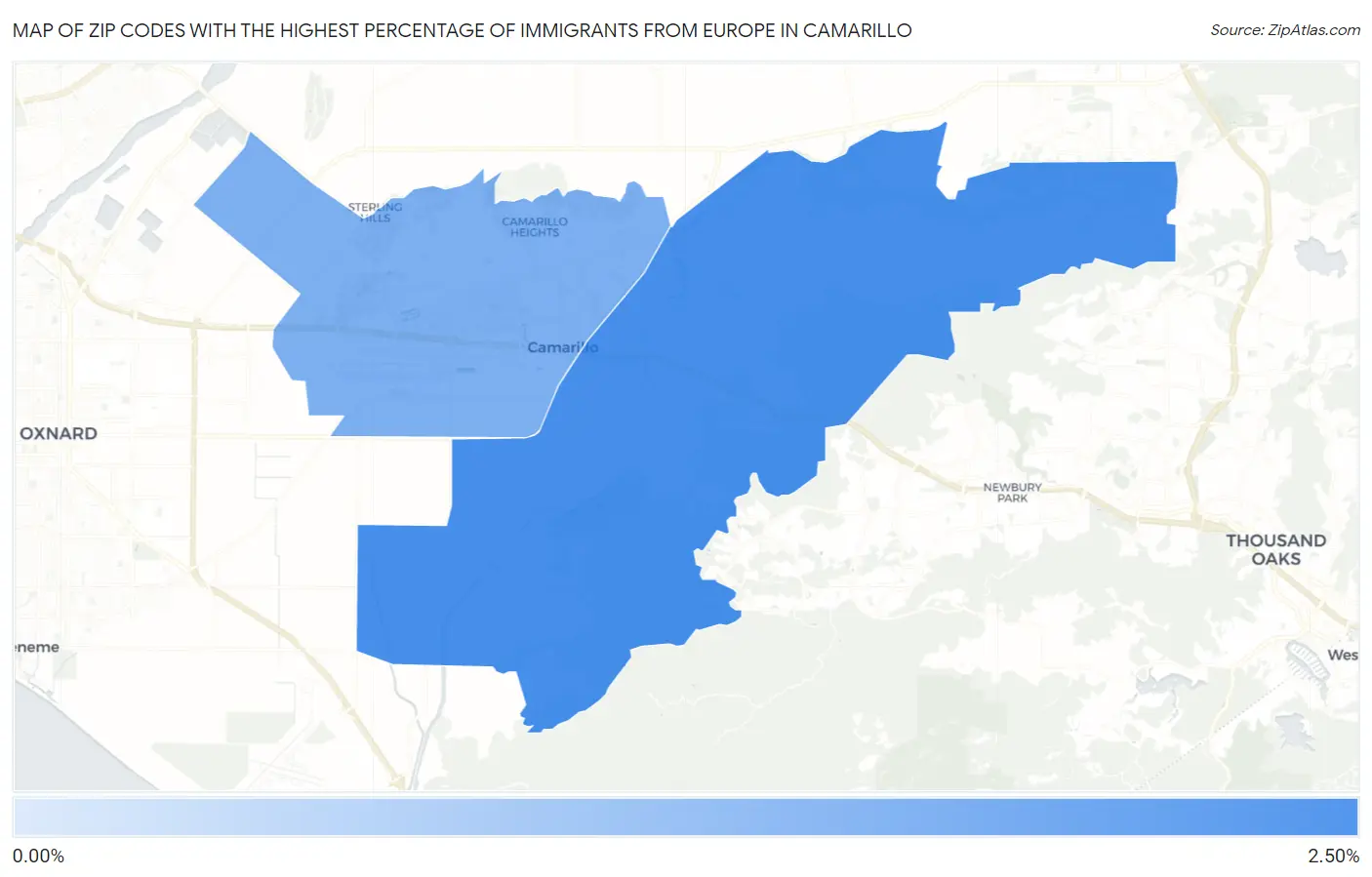 Zip Codes with the Highest Percentage of Immigrants from Europe in Camarillo Map