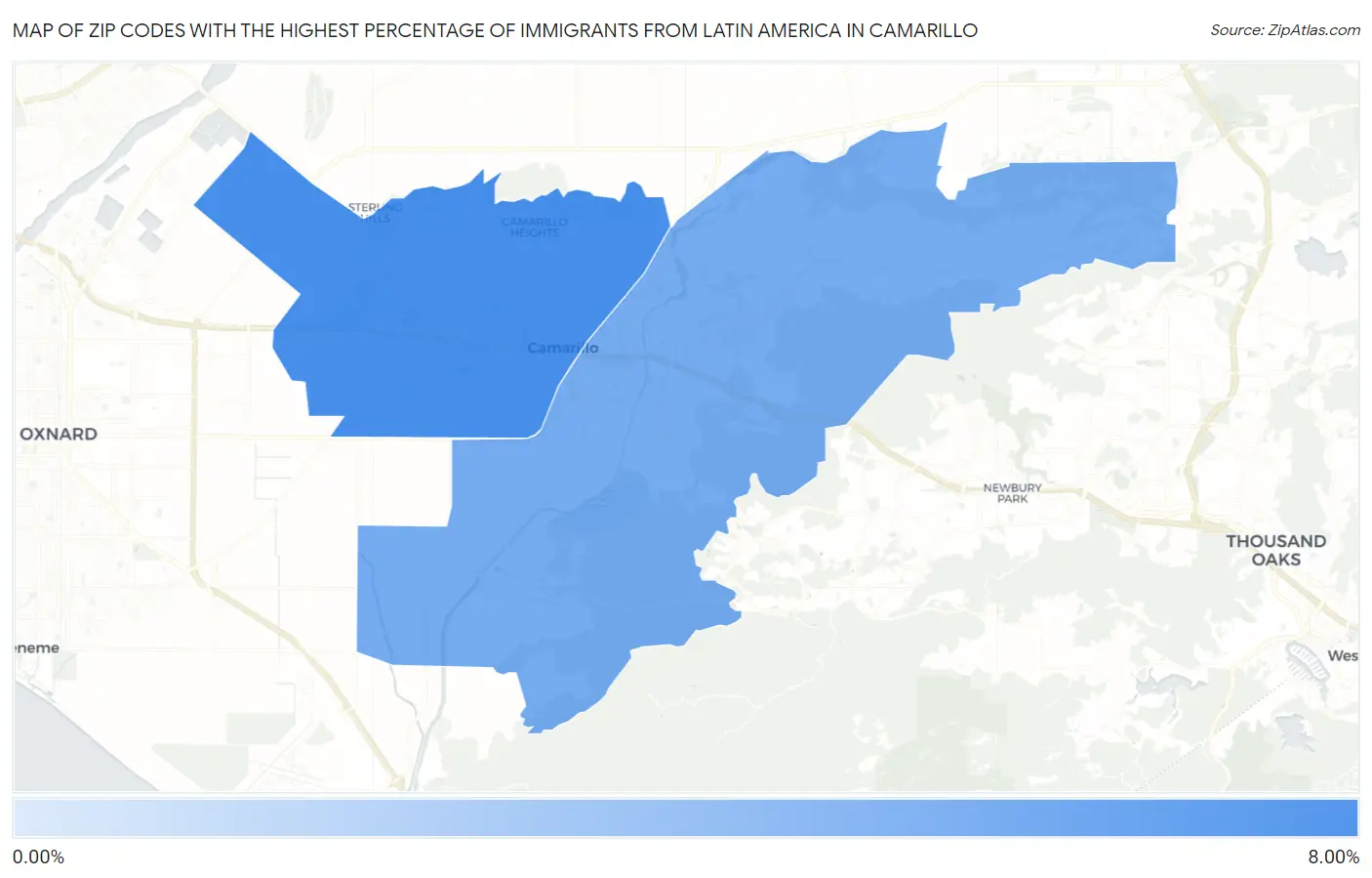 Zip Codes with the Highest Percentage of Immigrants from Latin America in Camarillo Map