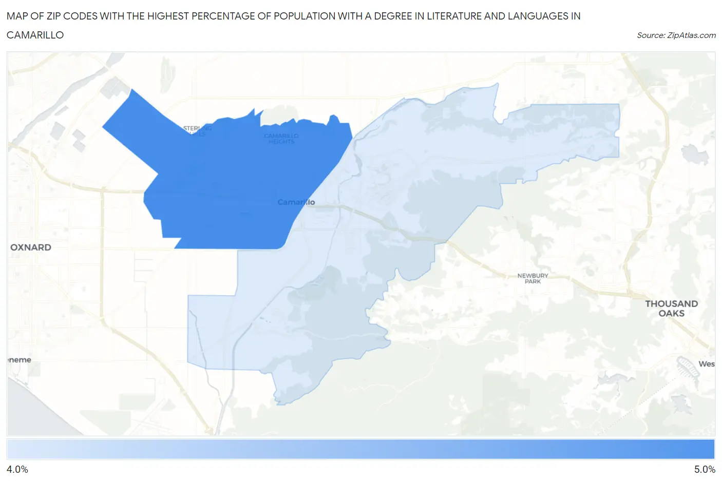 Zip Codes with the Highest Percentage of Population with a Degree in Literature and Languages in Camarillo Map