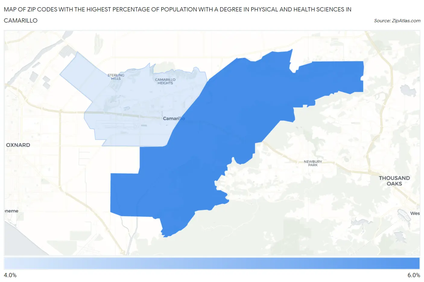 Zip Codes with the Highest Percentage of Population with a Degree in Physical and Health Sciences in Camarillo Map