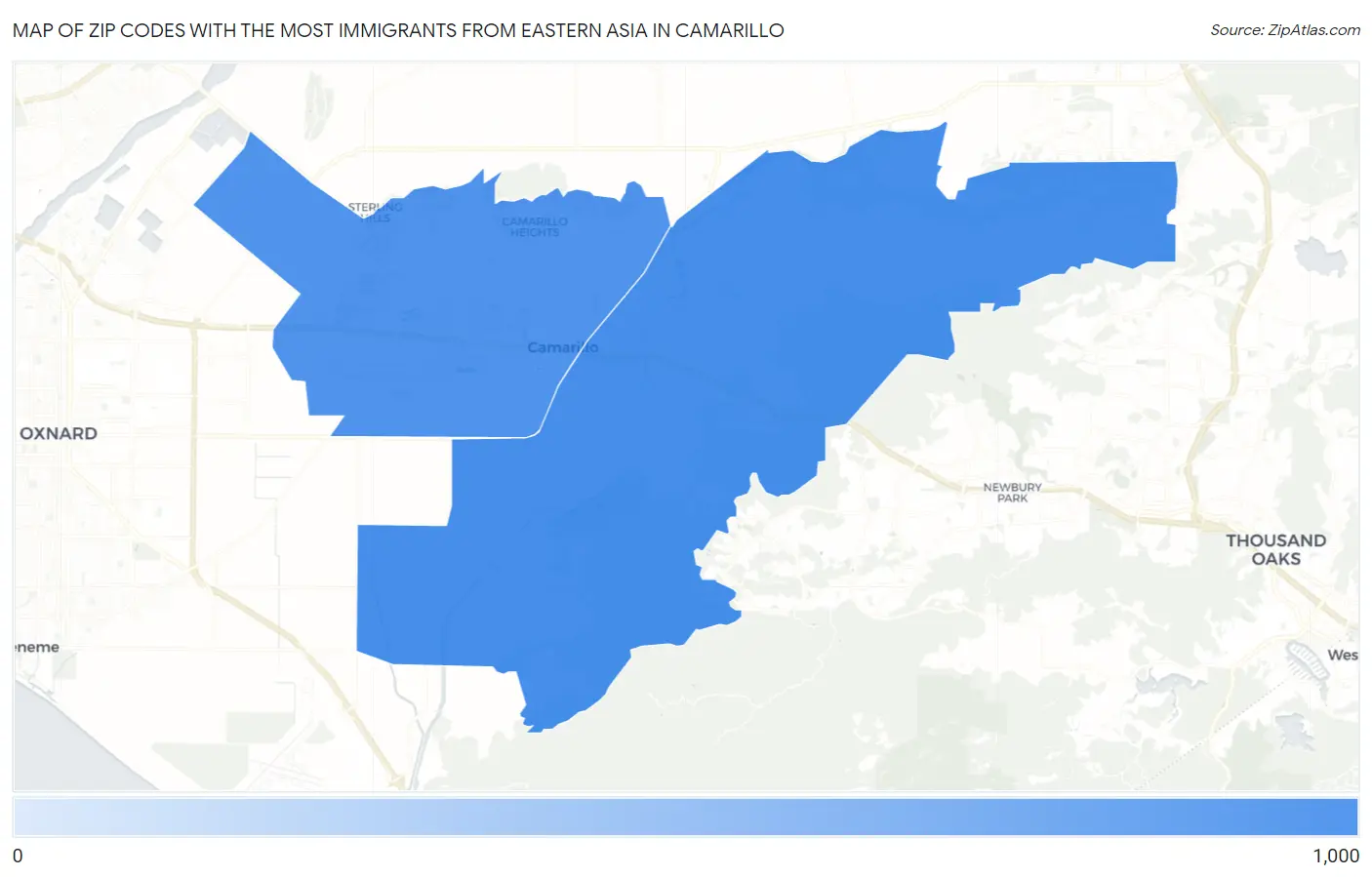 Zip Codes with the Most Immigrants from Eastern Asia in Camarillo Map