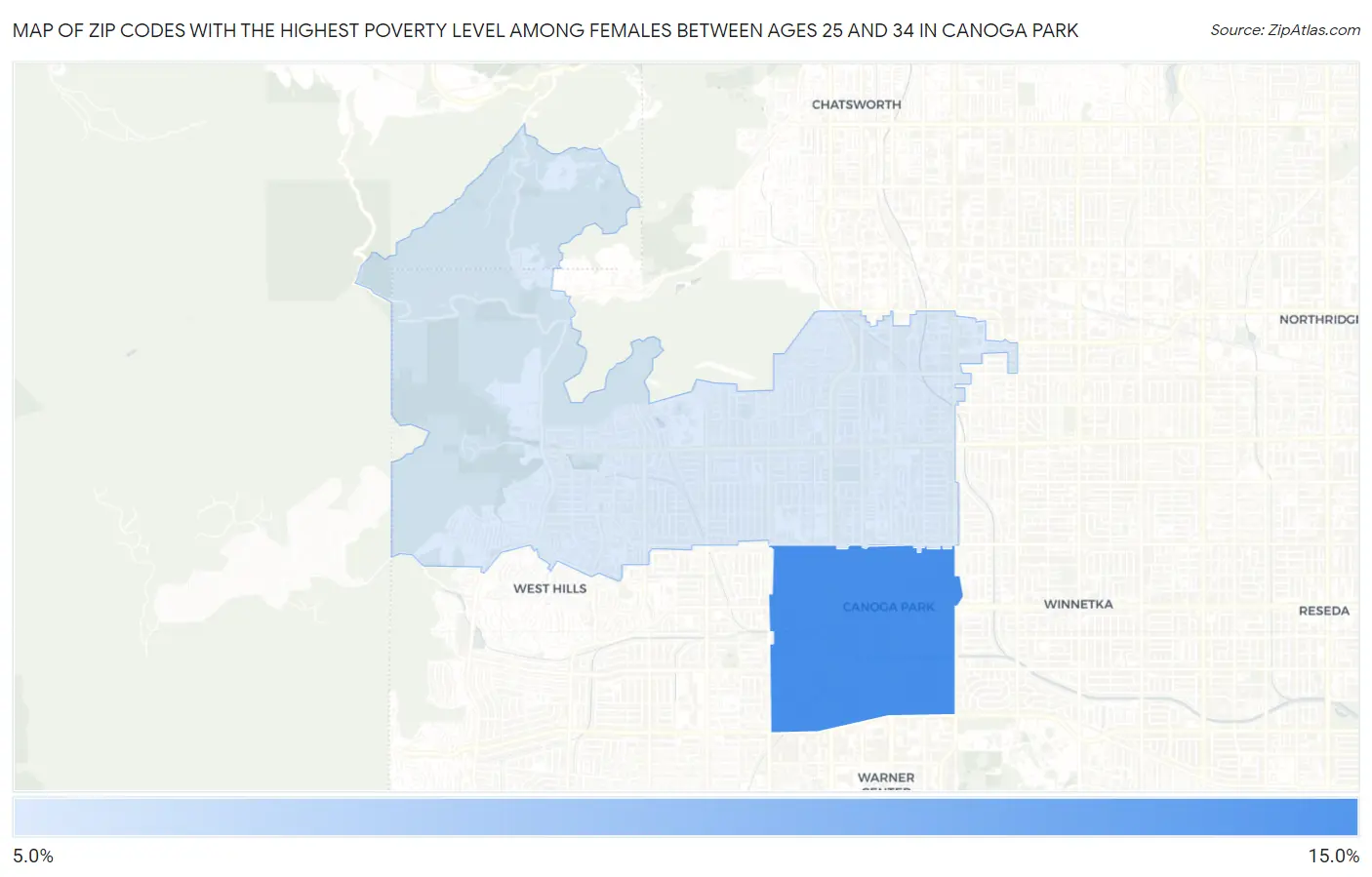 Zip Codes with the Highest Poverty Level Among Females Between Ages 25 and 34 in Canoga Park Map