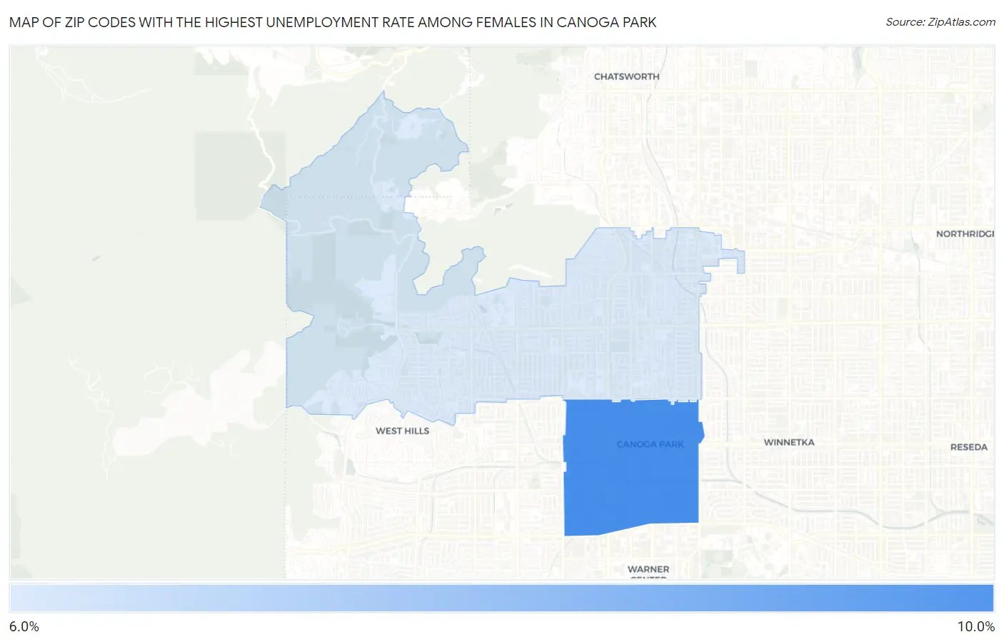 Zip Codes with the Highest Unemployment Rate Among Females in Canoga Park Map