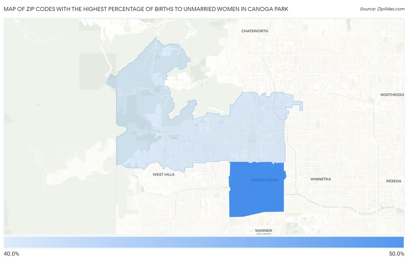 Zip Codes with the Highest Percentage of Births to Unmarried Women in Canoga Park Map