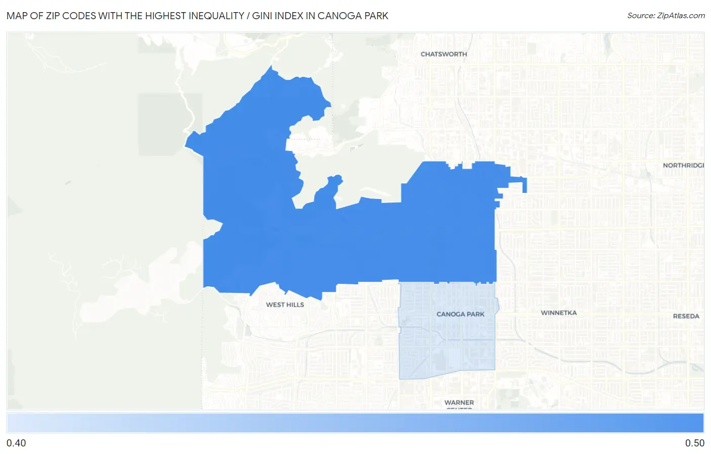 Zip Codes with the Highest Inequality / Gini Index in Canoga Park Map
