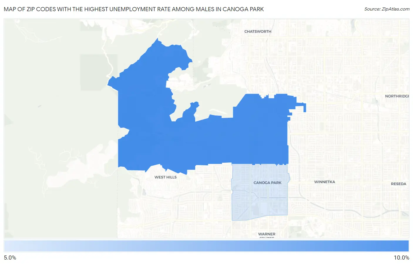 Zip Codes with the Highest Unemployment Rate Among Males in Canoga Park Map