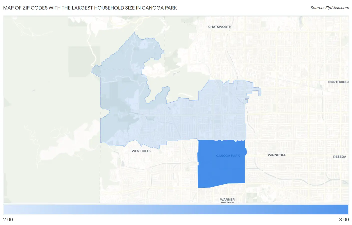 Zip Codes with the Largest Household Size in Canoga Park Map