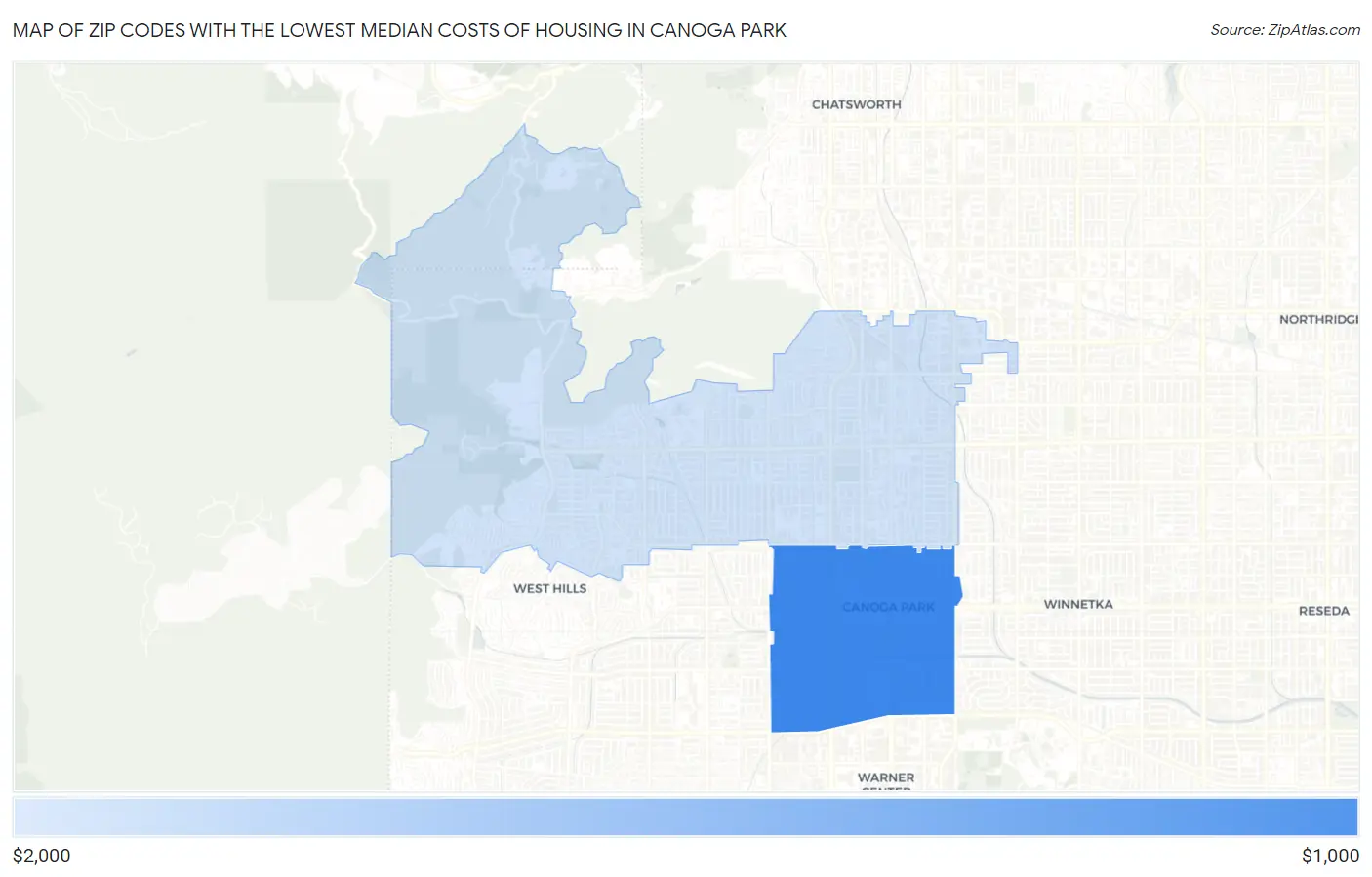 Zip Codes with the Lowest Median Costs of Housing in Canoga Park Map