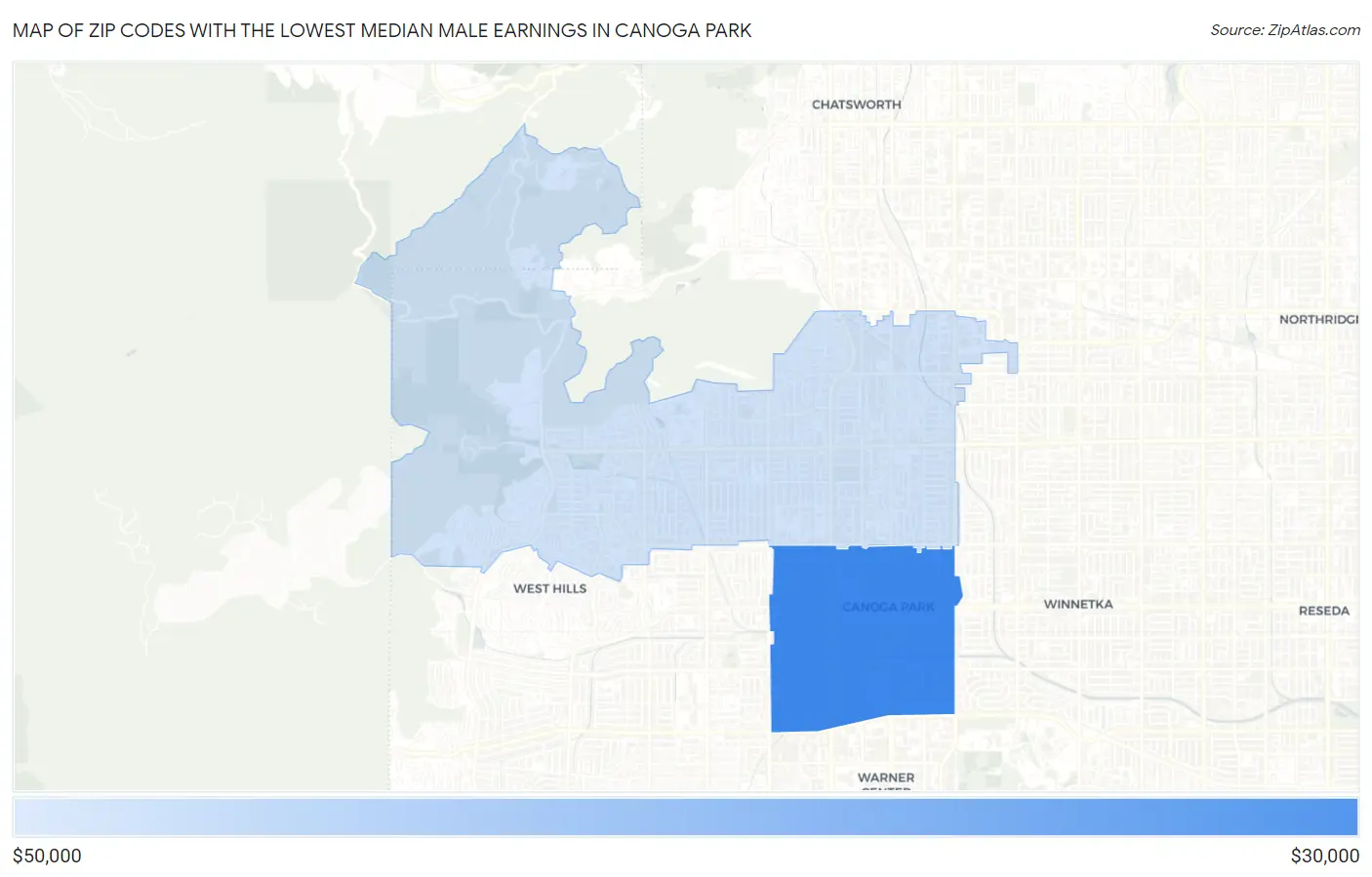 Zip Codes with the Lowest Median Male Earnings in Canoga Park Map
