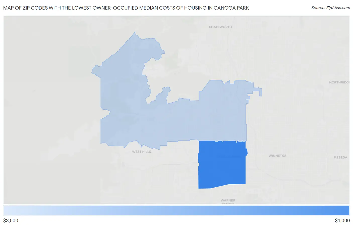 Zip Codes with the Lowest Owner-Occupied Median Costs of Housing in Canoga Park Map
