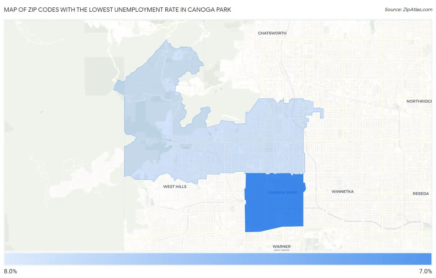 Zip Codes with the Lowest Unemployment Rate in Canoga Park Map