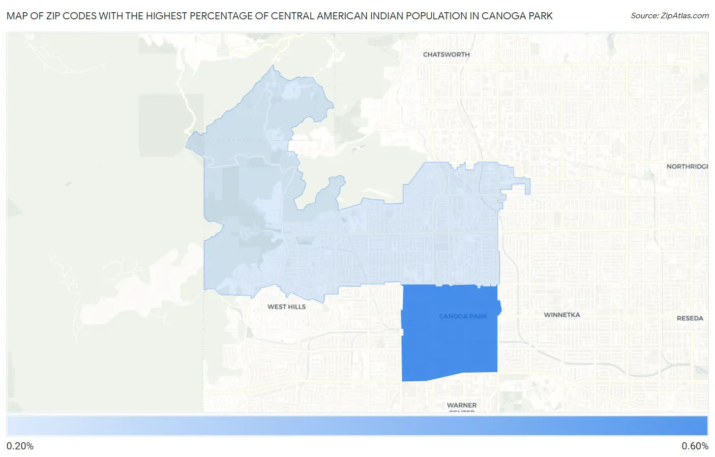 Zip Codes with the Highest Percentage of Central American Indian Population in Canoga Park Map