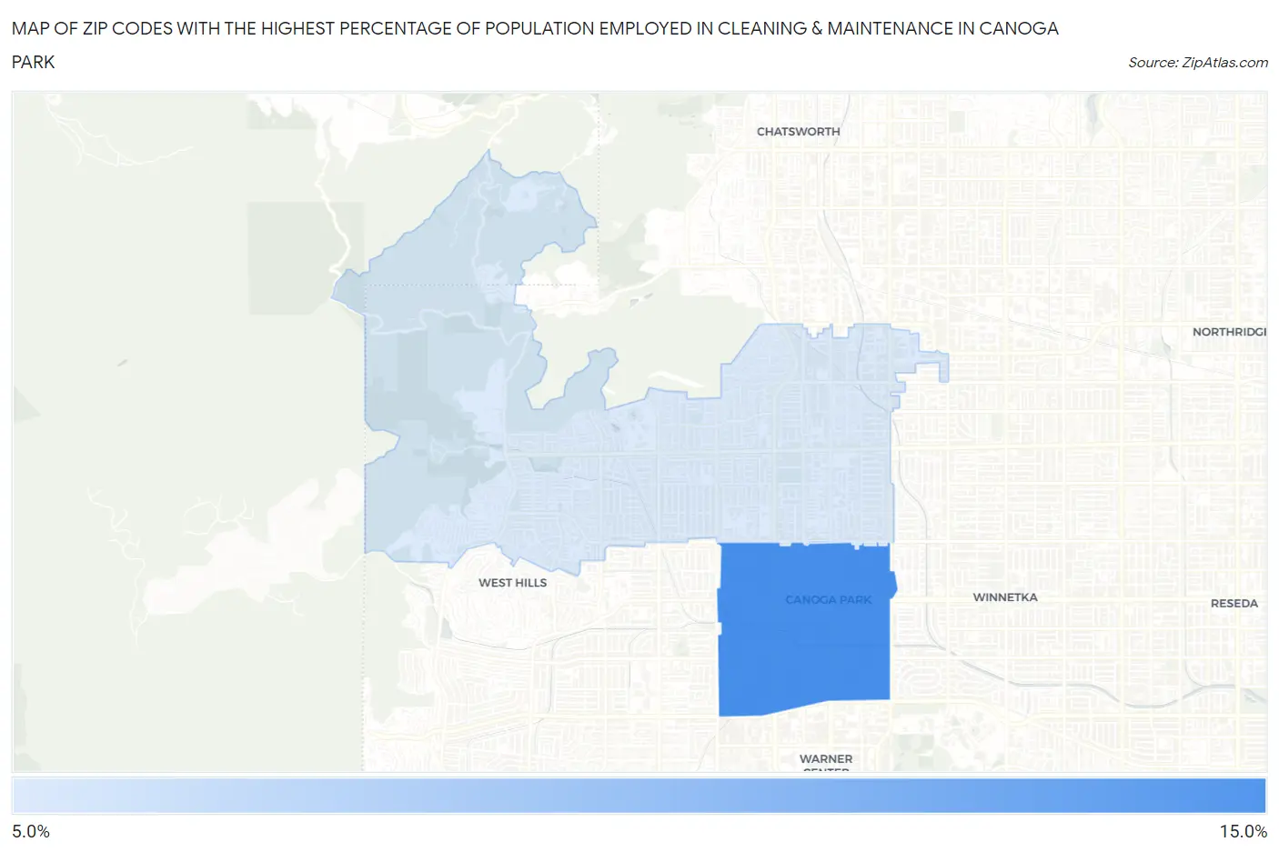 Zip Codes with the Highest Percentage of Population Employed in Cleaning & Maintenance in Canoga Park Map