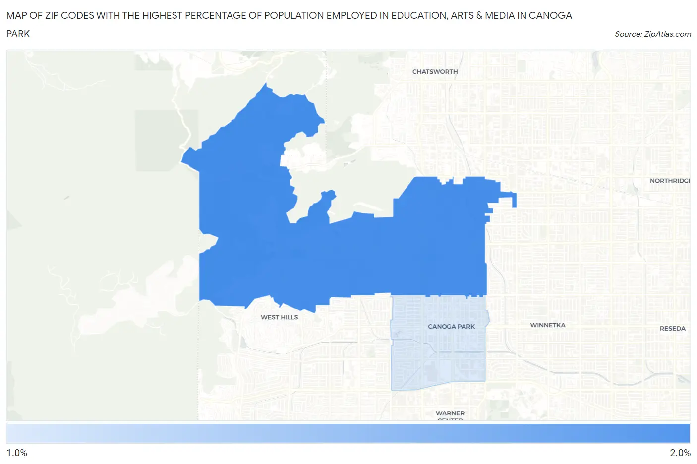 Zip Codes with the Highest Percentage of Population Employed in Education, Arts & Media in Canoga Park Map