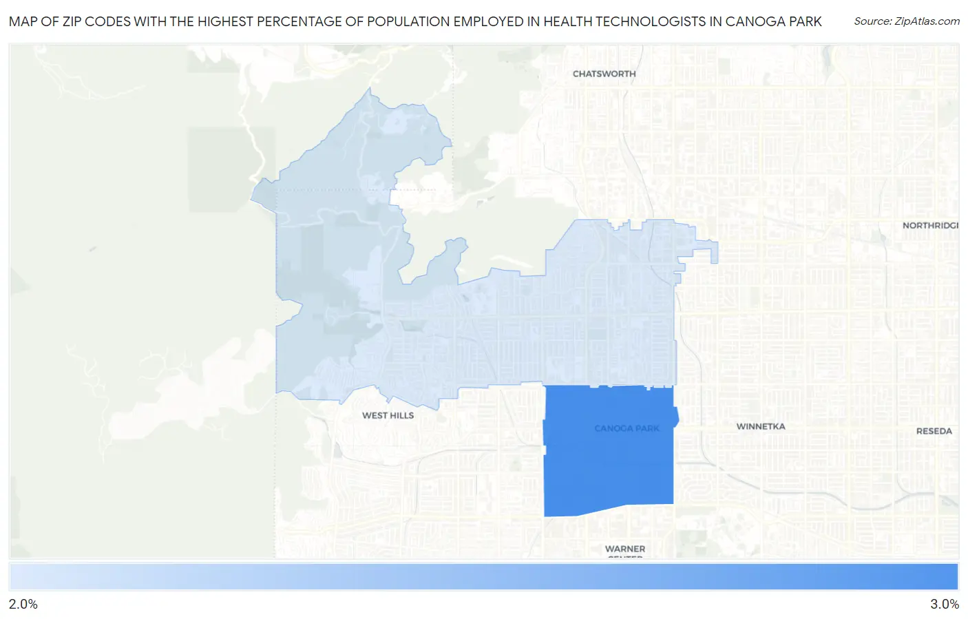 Zip Codes with the Highest Percentage of Population Employed in Health Technologists in Canoga Park Map