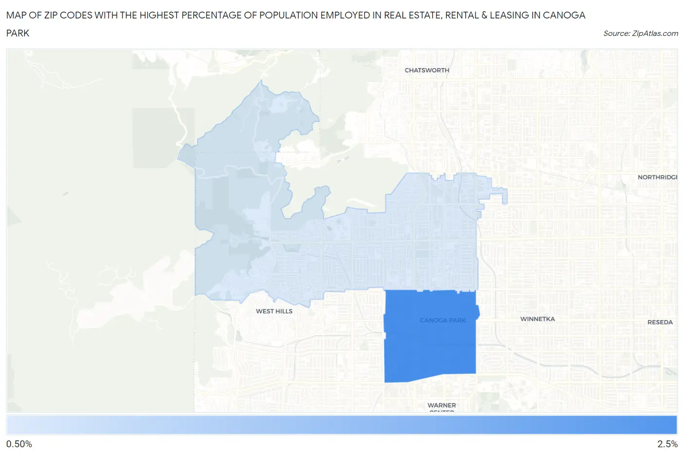 Zip Codes with the Highest Percentage of Population Employed in Real Estate, Rental & Leasing in Canoga Park Map