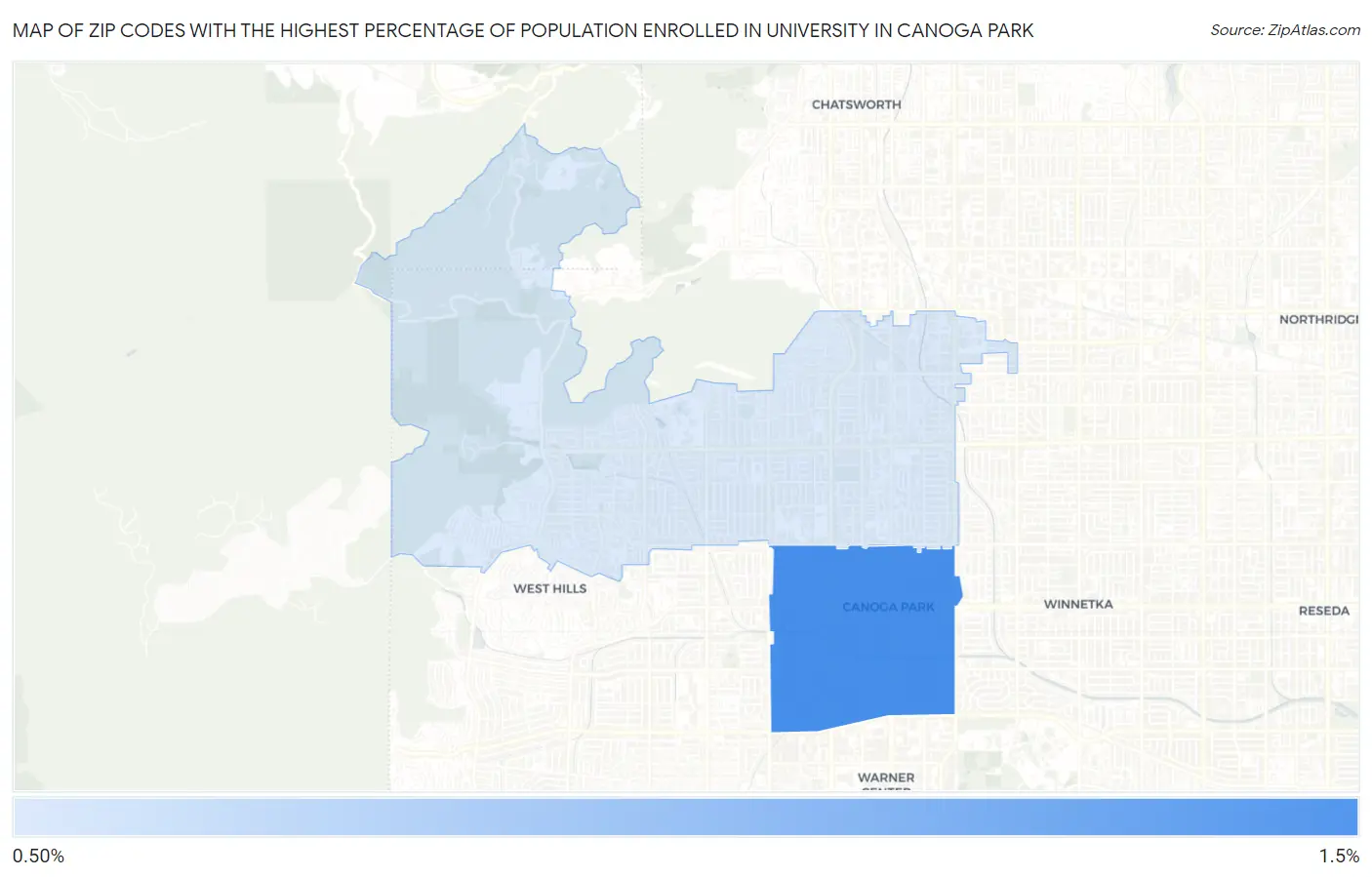 Zip Codes with the Highest Percentage of Population Enrolled in University in Canoga Park Map