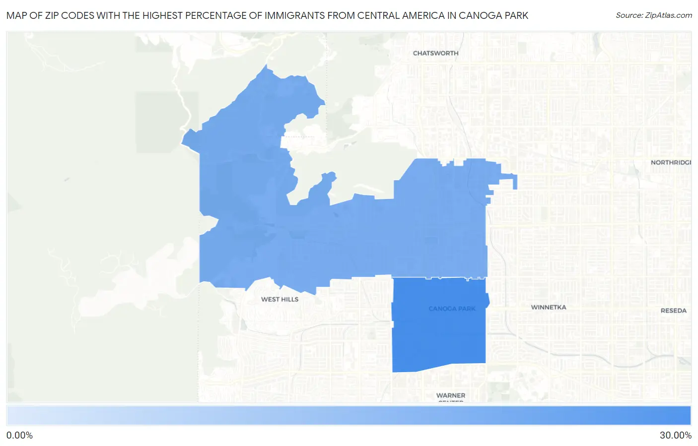 Zip Codes with the Highest Percentage of Immigrants from Central America in Canoga Park Map