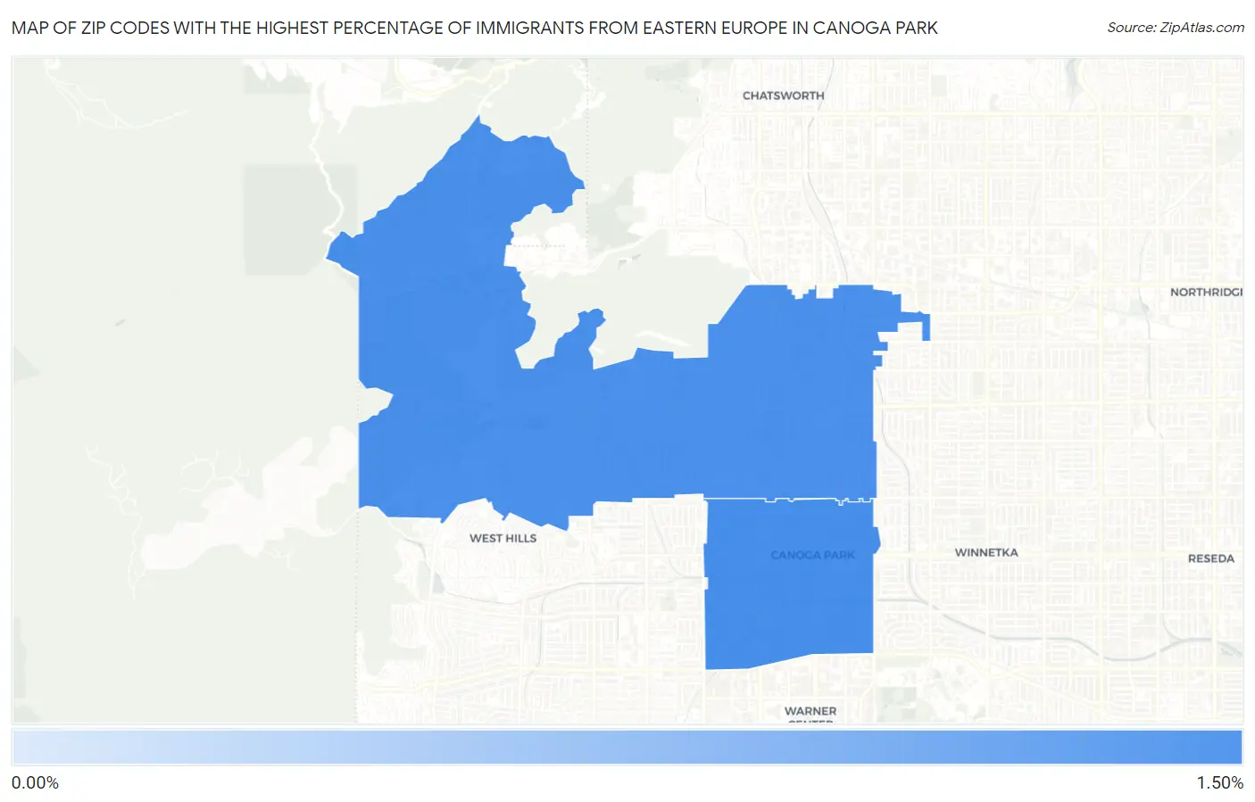 Zip Codes with the Highest Percentage of Immigrants from Eastern Europe in Canoga Park Map