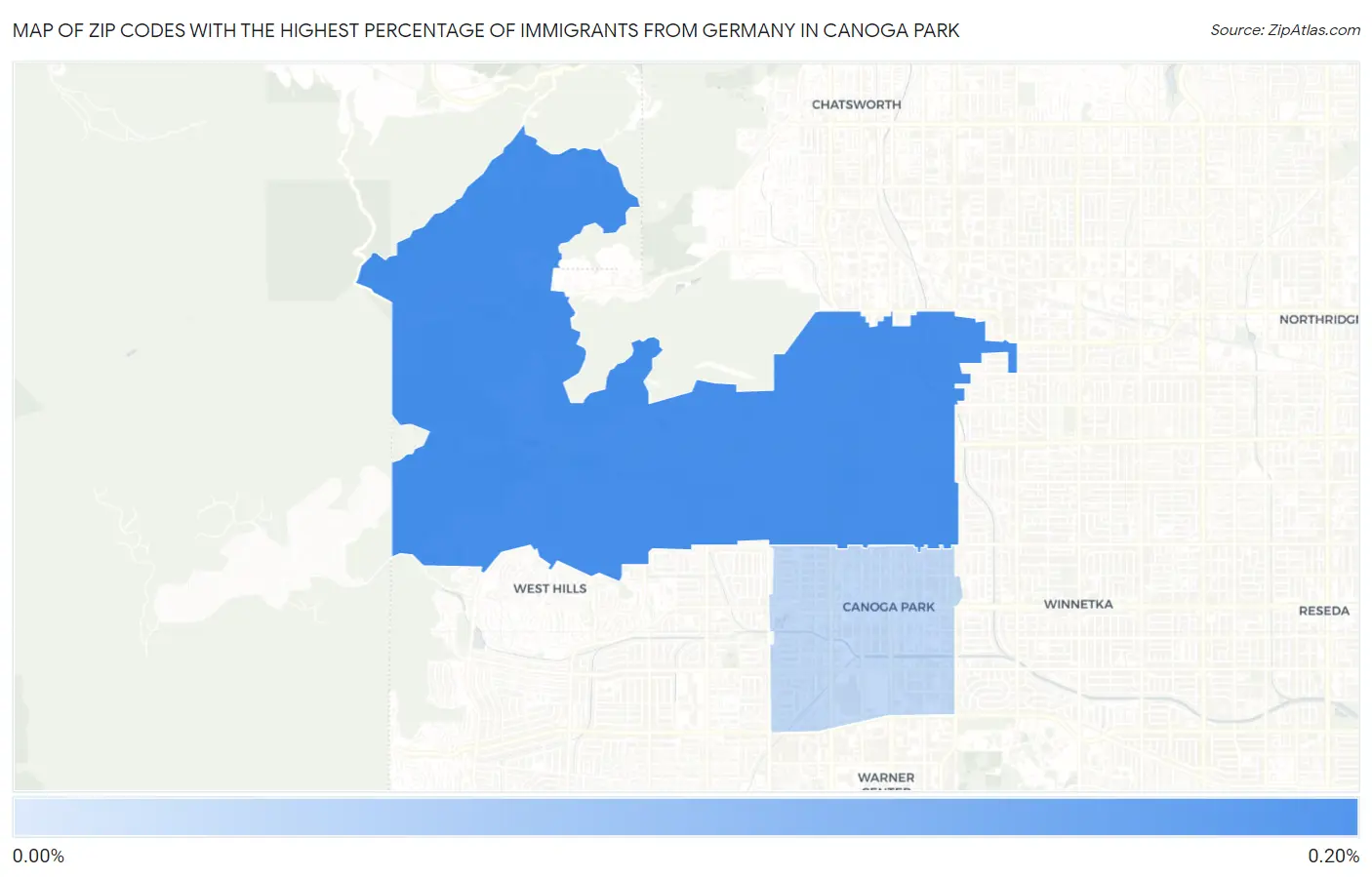 Zip Codes with the Highest Percentage of Immigrants from Germany in Canoga Park Map