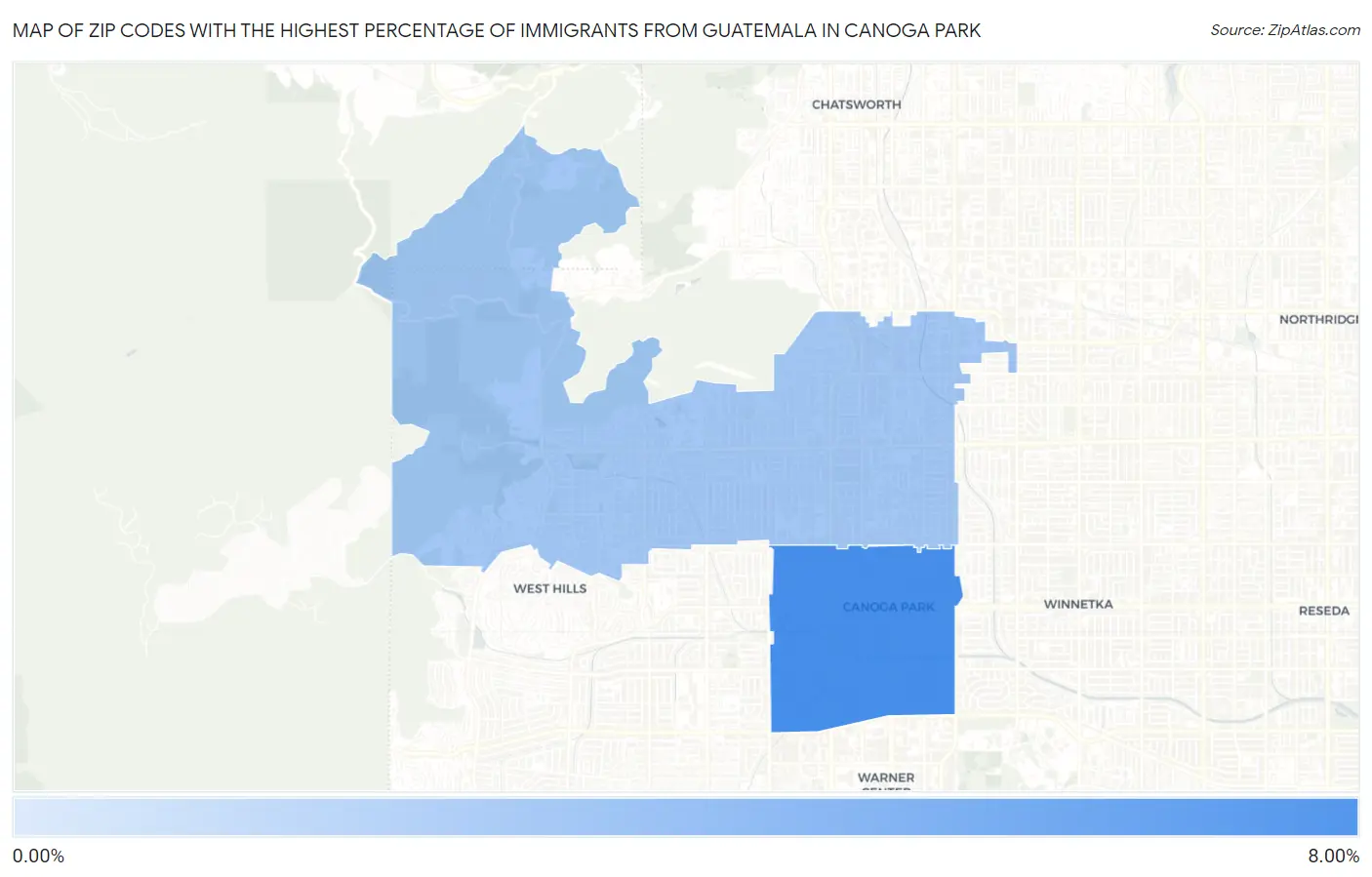 Zip Codes with the Highest Percentage of Immigrants from Guatemala in Canoga Park Map