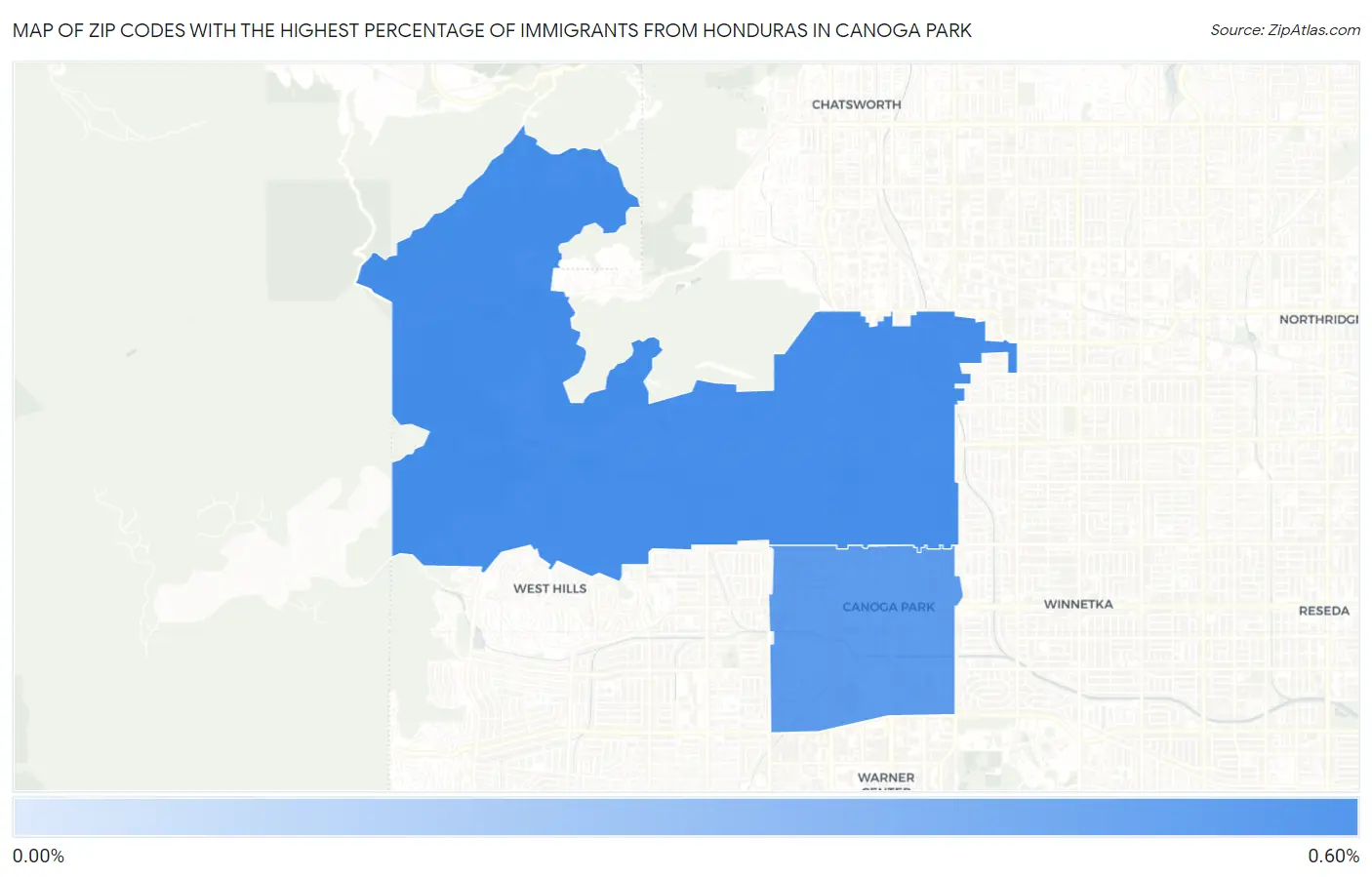 Zip Codes with the Highest Percentage of Immigrants from Honduras in Canoga Park Map