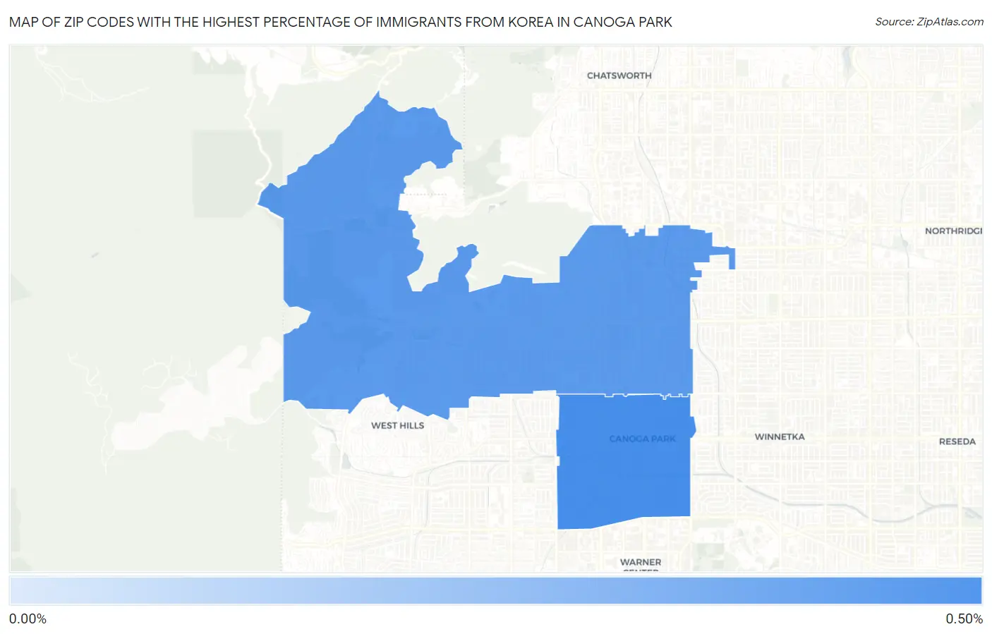 Zip Codes with the Highest Percentage of Immigrants from Korea in Canoga Park Map