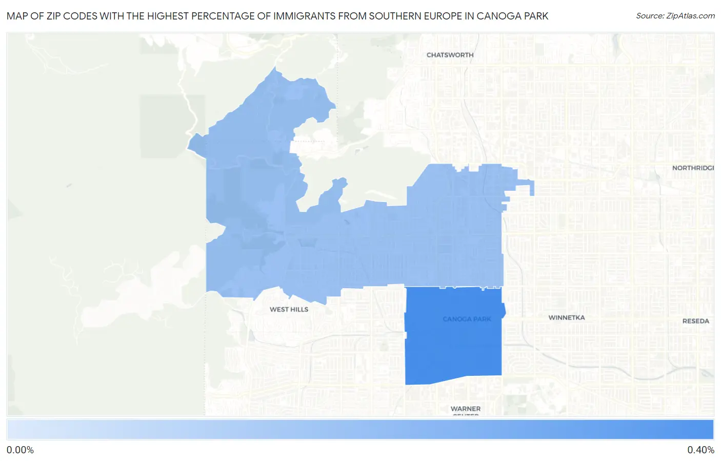 Zip Codes with the Highest Percentage of Immigrants from Southern Europe in Canoga Park Map