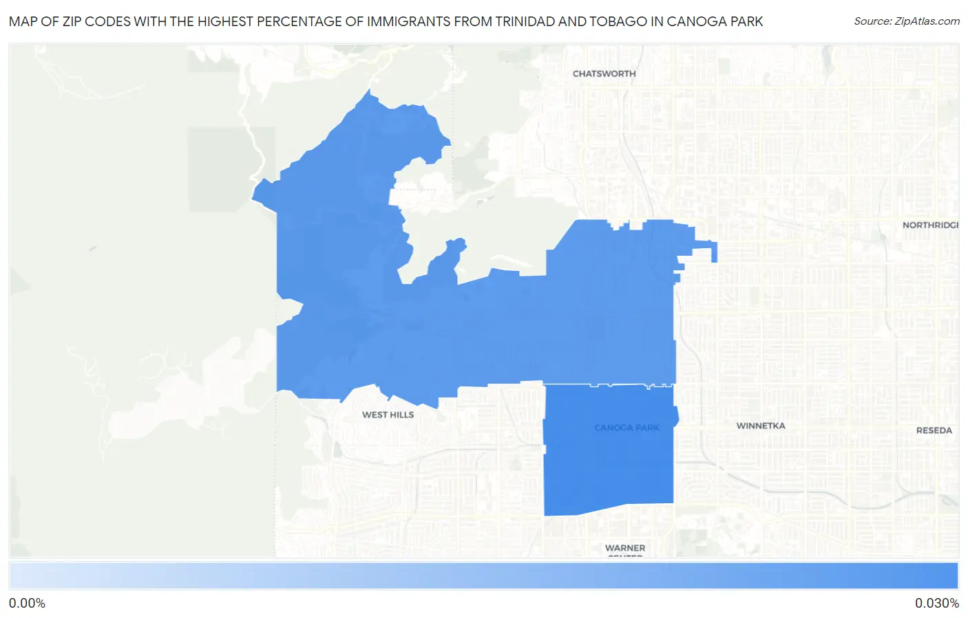 Zip Codes with the Highest Percentage of Immigrants from Trinidad and Tobago in Canoga Park Map