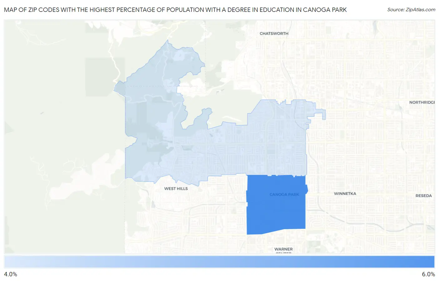 Zip Codes with the Highest Percentage of Population with a Degree in Education in Canoga Park Map