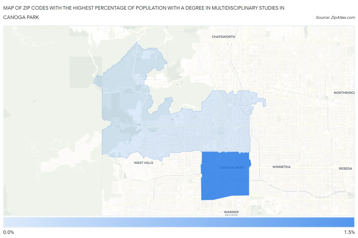 Zip Codes with the Highest Percentage of Population with a Degree in Multidisciplinary Studies in Canoga Park Map
