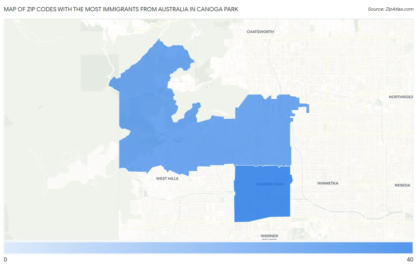 Zip Codes with the Most Immigrants from Australia in Canoga Park Map