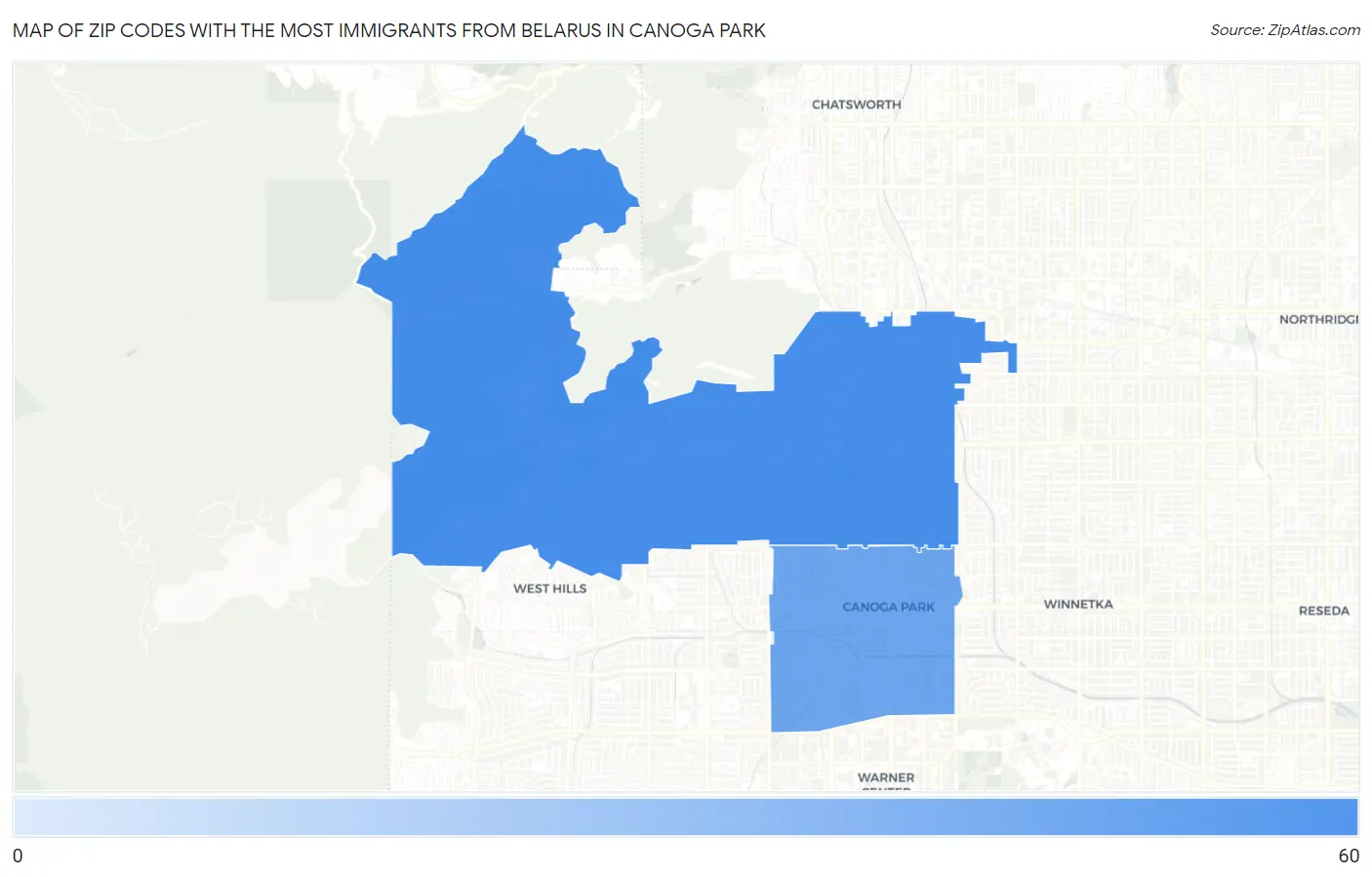 Zip Codes with the Most Immigrants from Belarus in Canoga Park Map