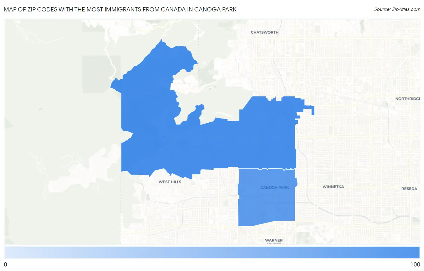 Zip Codes with the Most Immigrants from Canada in Canoga Park Map