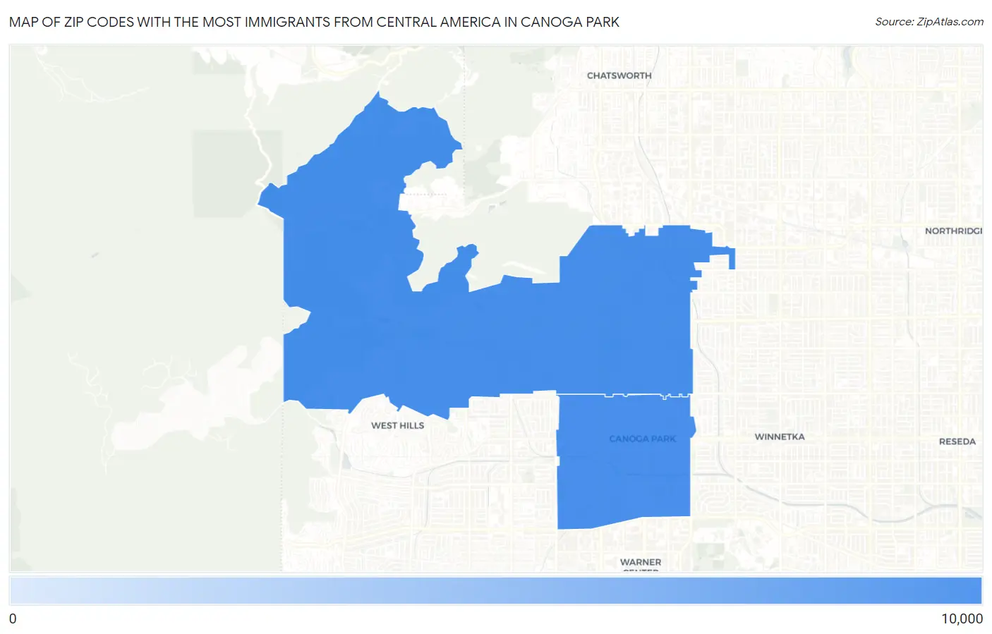 Zip Codes with the Most Immigrants from Central America in Canoga Park Map
