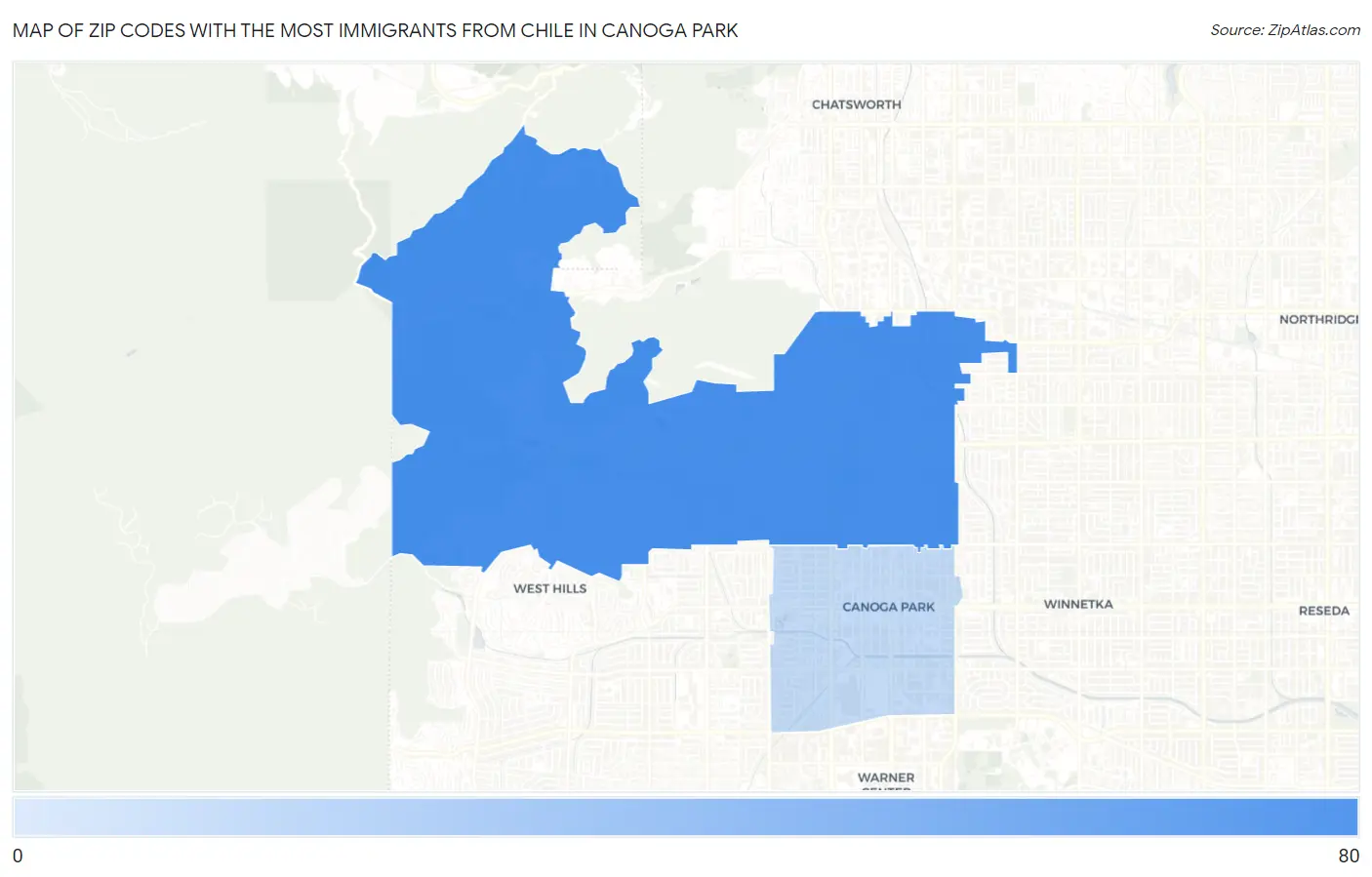 Zip Codes with the Most Immigrants from Chile in Canoga Park Map