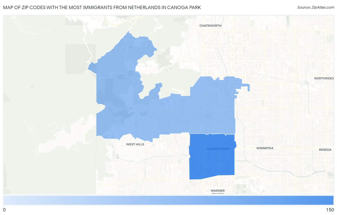 Zip Codes with the Most Immigrants from Netherlands in Canoga Park Map